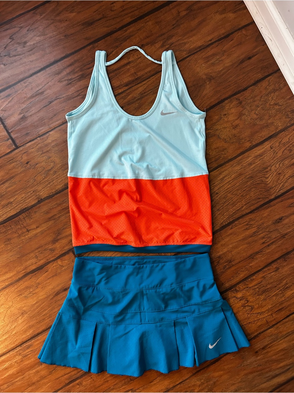 Nike Light Blue, Orange & Teal Colorblock Tennis Tank and Pleated Skirt